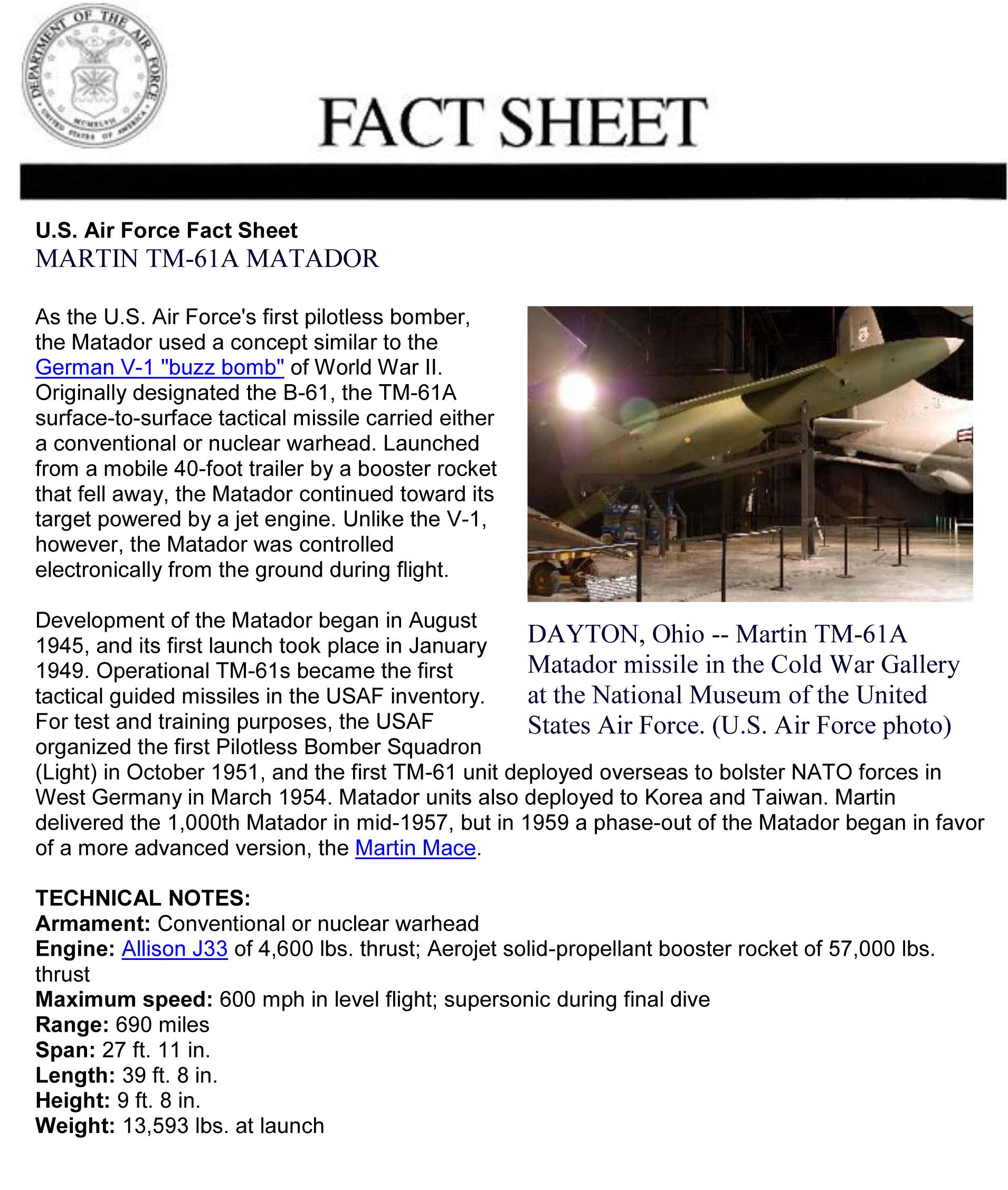 Martin TM-61A Fact Sheet (Courtesy Of The US Museum Of The Air Force ...