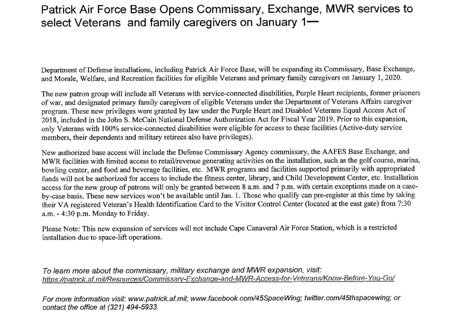 Access to Patrick AFB for Veterans TAC Missileers