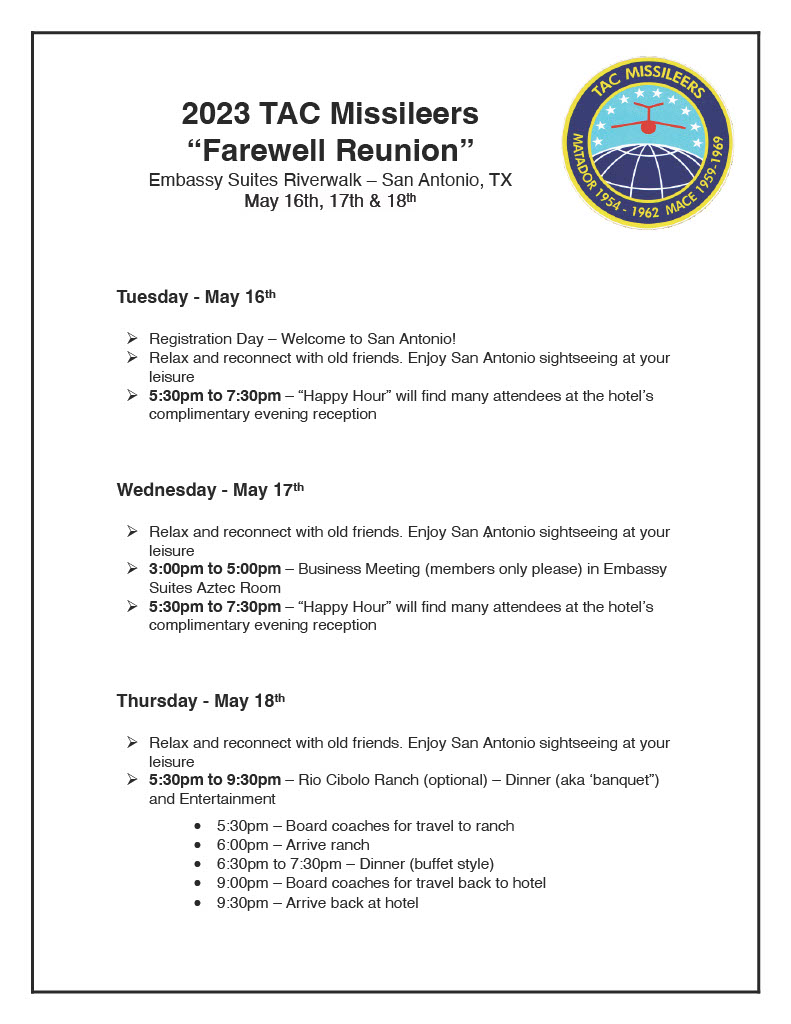 2023 Farewell Reunion Schedule TAC Missileers